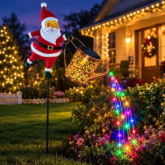 Christmas Santa Solar Kettle Lights Garden Lawn Decorative Lights Waterproof Metal LED Hanging Decor for Backyard Patio Pathway
