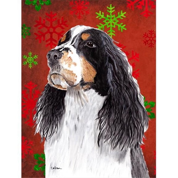 11 x 15 in. Springer Spaniel Red and Green Snowflakes Holiday Christmas Garden Size Flag
