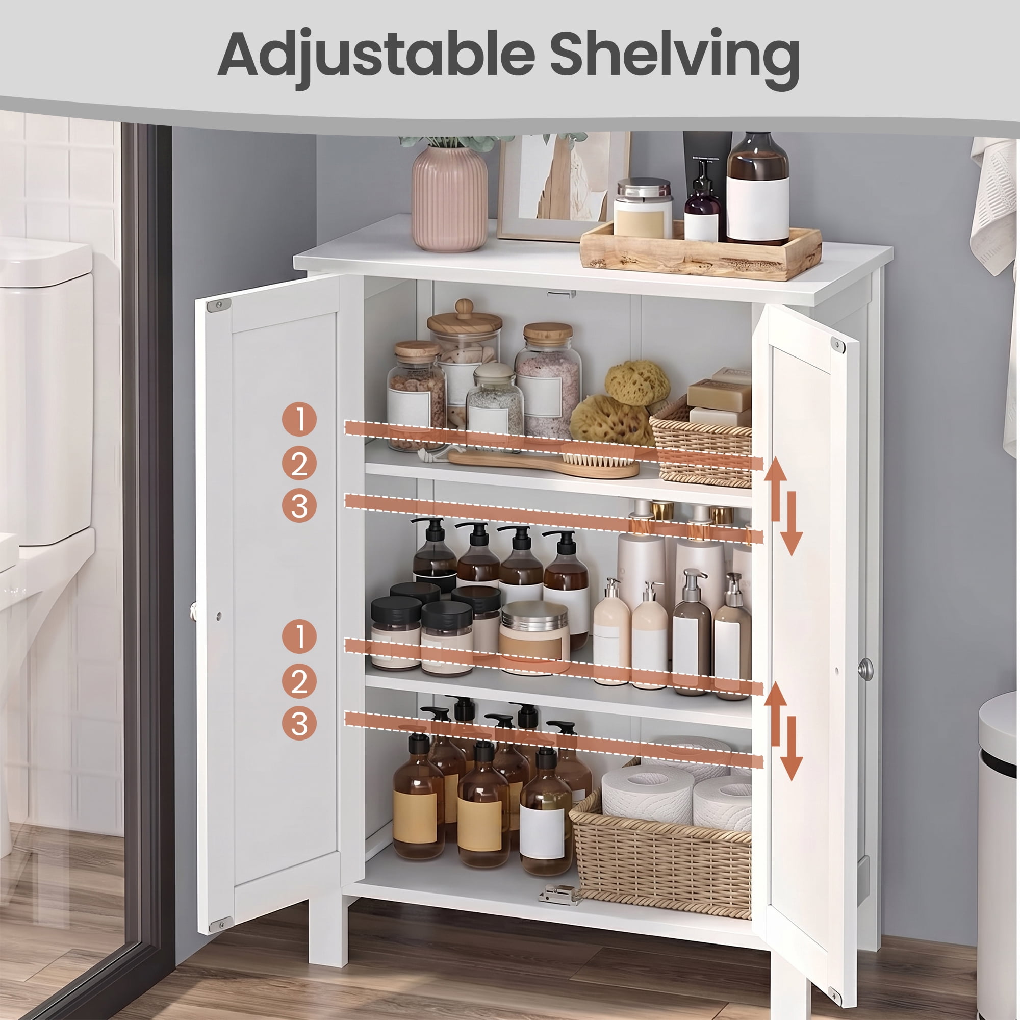 LEDREM Bathroom Cabinets Freestanding, Bathroom Storage Floor Cabinet with Doors and Adjustable Shelves, White