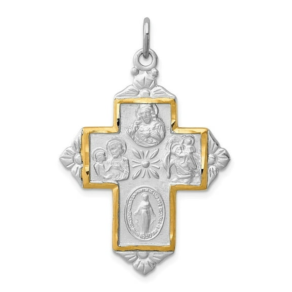 Sterling Silver and Gold-tone 4-way Medal Cross Pendant - Measures 39.93x26.16mm Wide