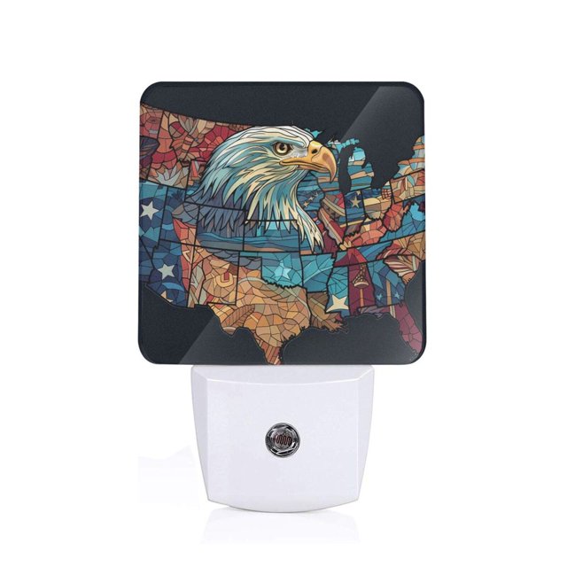 Fotbe Stained Glass Eagle USA Luz Nocturna LED, Luz de Noche con Sensor de Luz Natural de Anochecer a Amanecer, Se Enchufa a la Pared, Blanco Cálido 0.5W-EU
