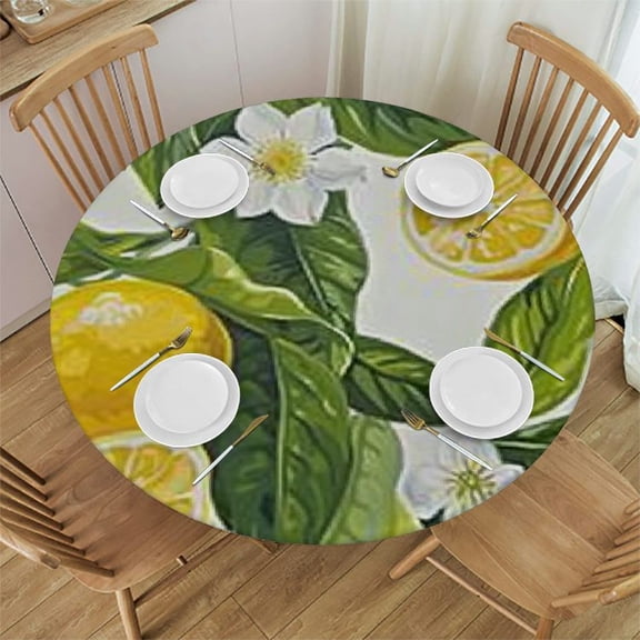 BANET Round Tablecloth Fitted Table Cloth with Elastic Edge for Round Table, Circular Lemon FloralTable Cover Waterproof Wipeable Table, Fits Round Tables 31"-35
