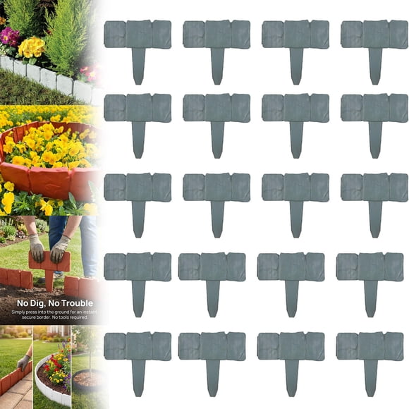 Imitation Stone Garden Fence, No Dig Landscape Edging Border with Anchoring Spikes, Plastic Faux Stone Lawn Edging for Flower Beds, Yard, Patio, Walkway, Outdoor Landscaping (gray,20pcs)
