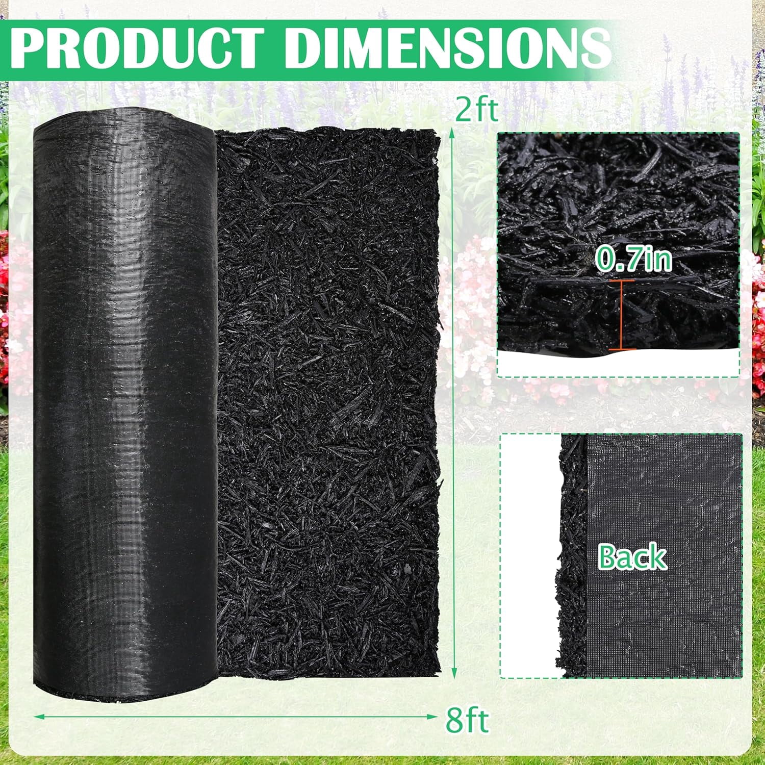 Bibana 8' x 2' Recycled Rubber Mulch Mat Roll, Permanent Landscape Pathway & Weed Barrier, Heavy-Duty Edging for Garden, Playground & Walkway