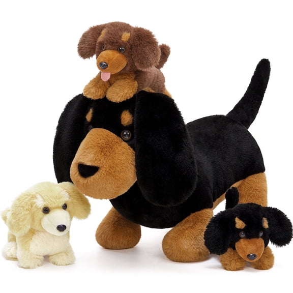 Tezituor 4Pcs Dachshund Stuffed Animal 18'' Mommy Stuffed Weiner Dog with 3 Puppies Plush Toy