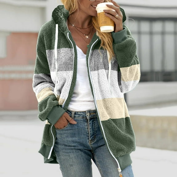 gbyLJF Women's Winter Hooded Jacket Color-blocked Drawstring Hoodie Fleece Coat Casual Loose Fit Zipper Cardigan