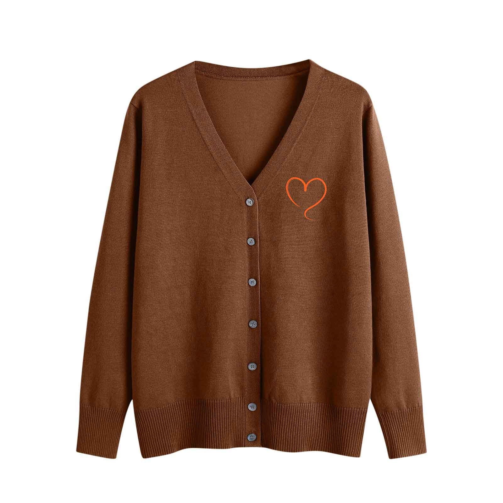 BiZtdJrK Women's Cardigan Sweaters Heart Printed Long Sleeve Button Down Sweater Cardigans V Neck Fashion Fall Open Front Knit Sweater Jackets Brown L