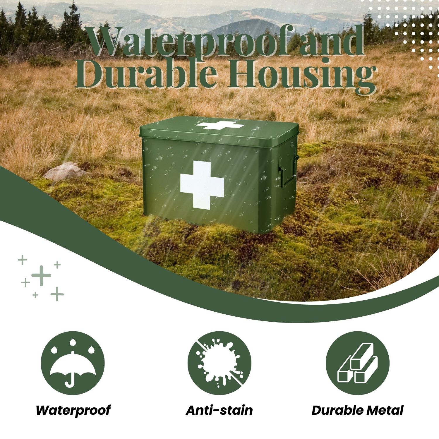 First Aid Medicine Box Supplies Kit Organizer - 12.5" Green Metal Tin Medic Bin Hard Case with Removable Tray Handle Storage Compartment, Vintage Antique Empty Boxes for Home Family Emergency Tool