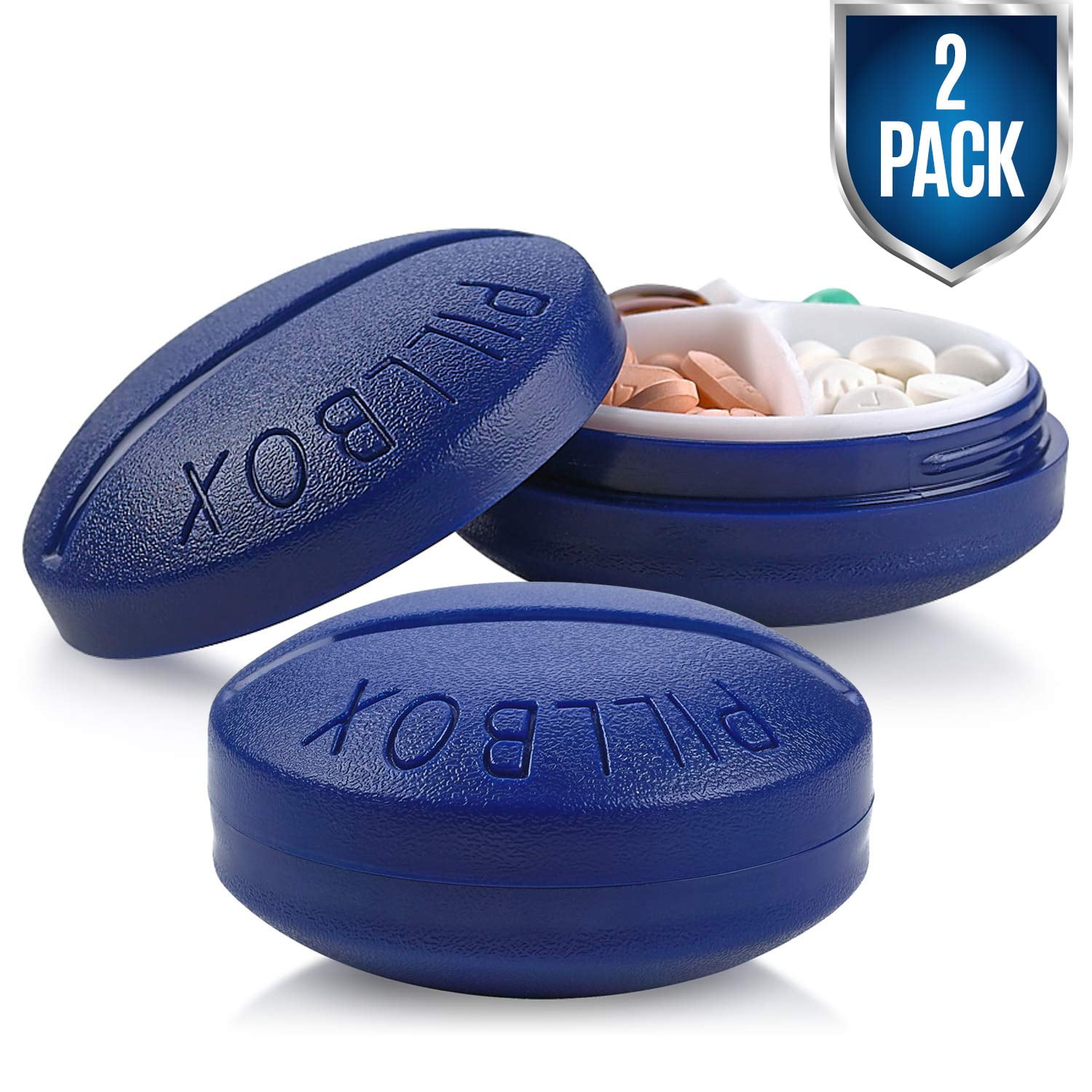 MEDca Small Pill Boxes, Pack of 2, Mini Compact Round Portable 4  Compartment Travel Pills Case Organizer, Vitamin and Medication Dispenser  Holder for up to 4 Times a Day, BPA Free Pill