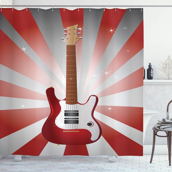 Ambesonne Guitar Shower Curtain, Musical Item Sunburst Effect, 69"Wx84"L, Vermilion White