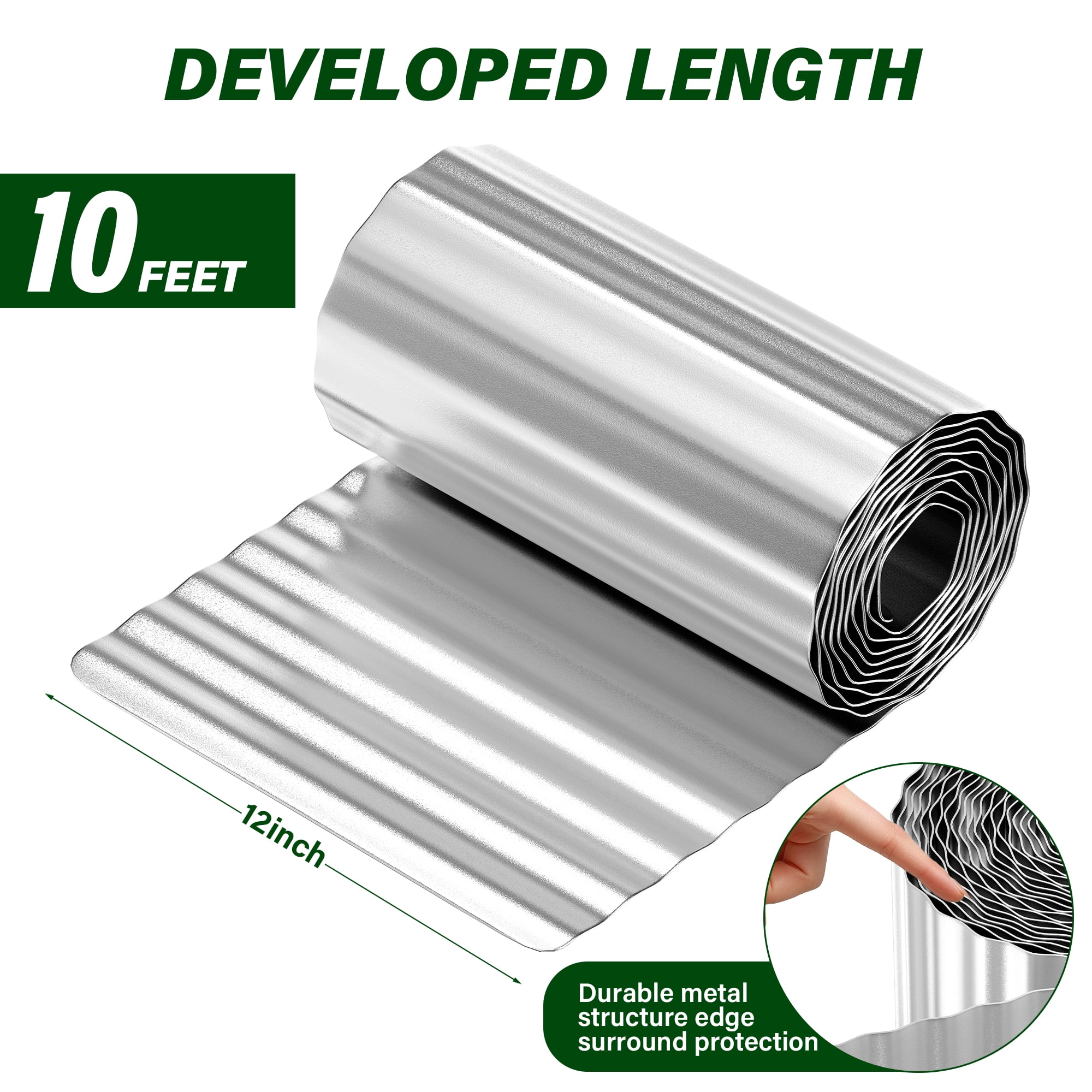 12 Inch 10 FT Garden Landscape Edging Border Galvanized Sturdy Metal Hemmed DIY Edging for Landscaping Lawn Flower Beds Patio Pathway Divider Design, Silver
