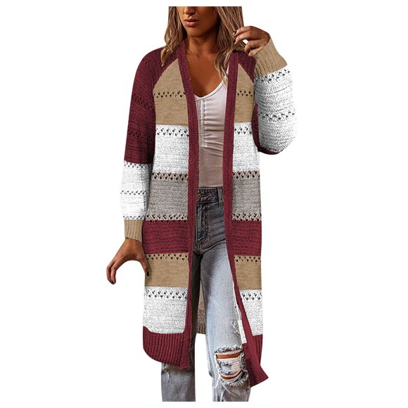 MIASHUI Women's Morandi Color Plaid Color Block Cardigan, Fashion Open Front Casual Jacket for Women Red,L