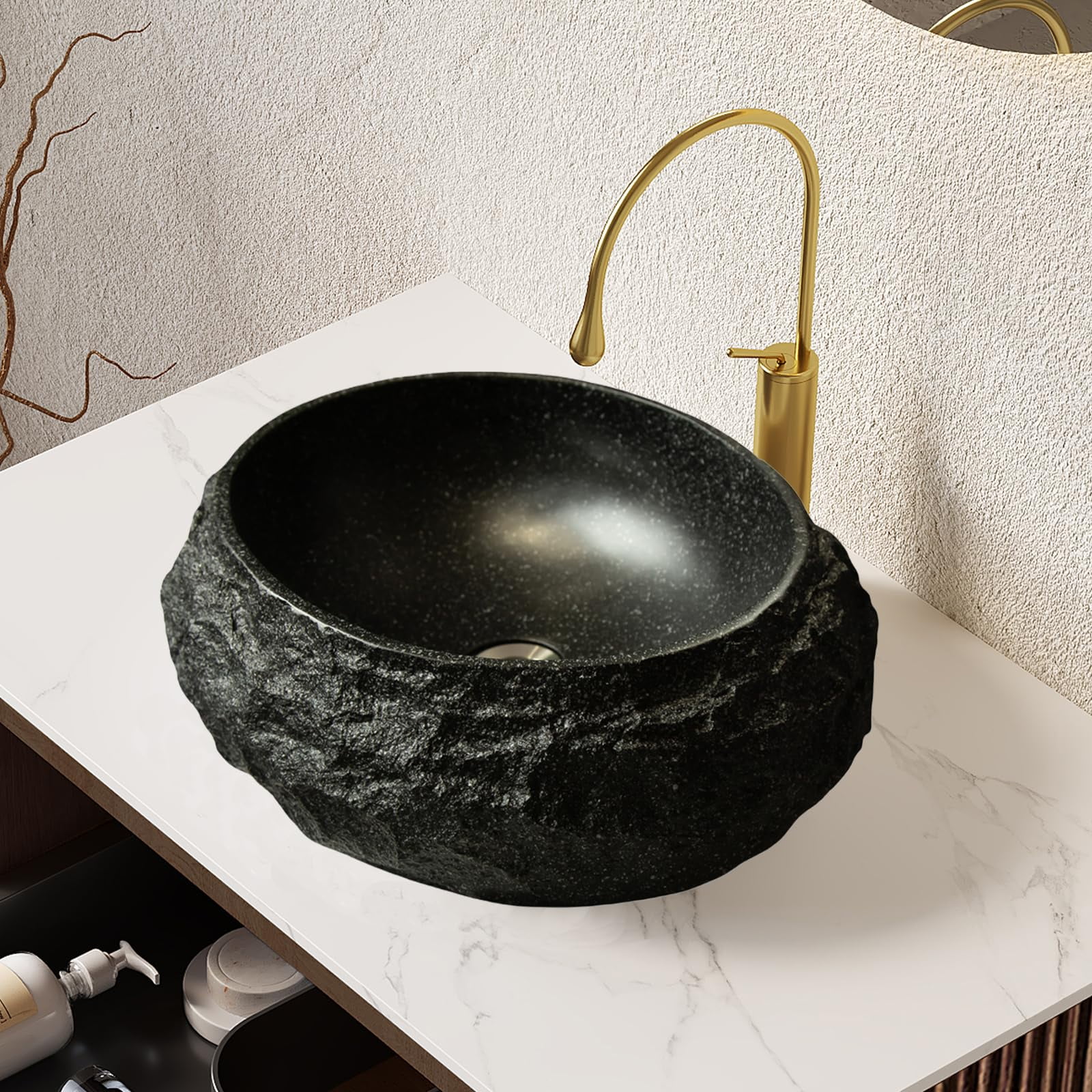 18 Inch Irregular Oval Resin Bathroom Vessel Sink – Stone Pattern, Artistic Style，Black