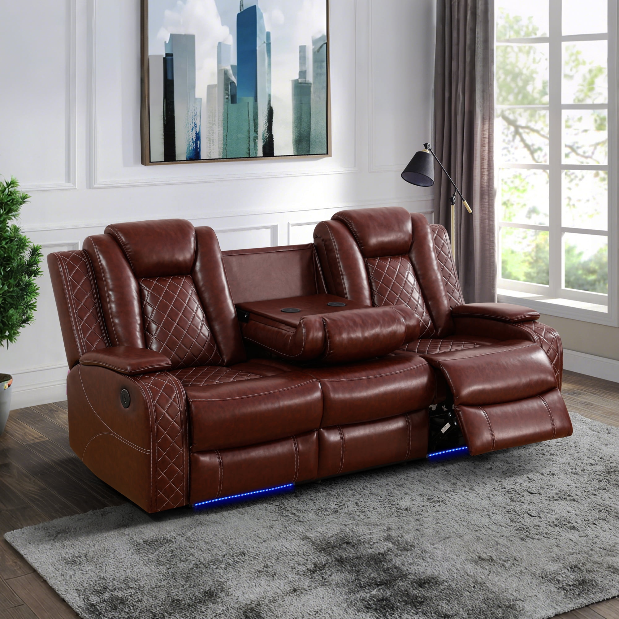 Gewnee Power Reclining Multifunctional Sofa with USB & Wireless Charging, Air Leather, Storage Console, Living Room,Reddish brown