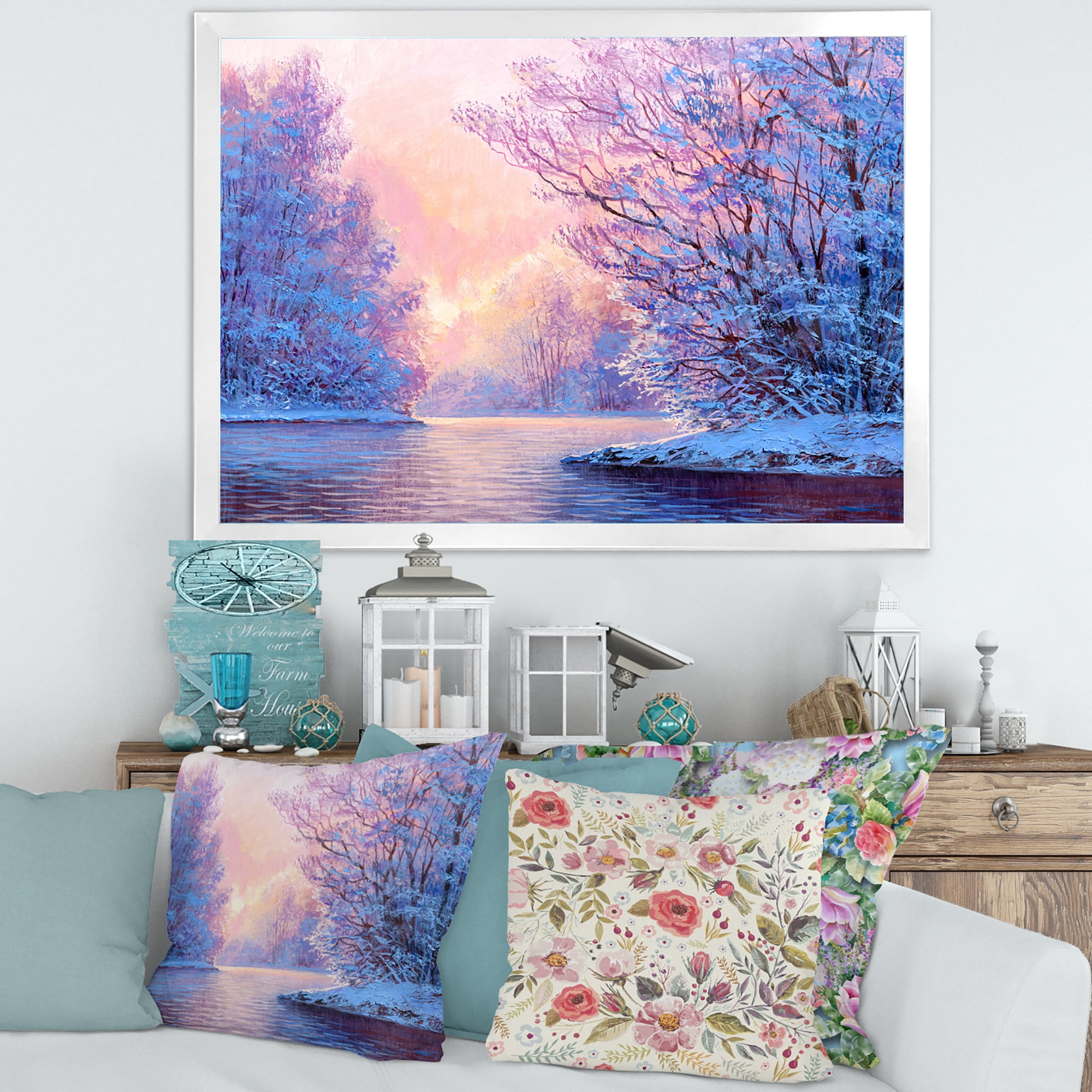 Designart 'The River Original With Winter Landscape' Lake House Framed Art Print