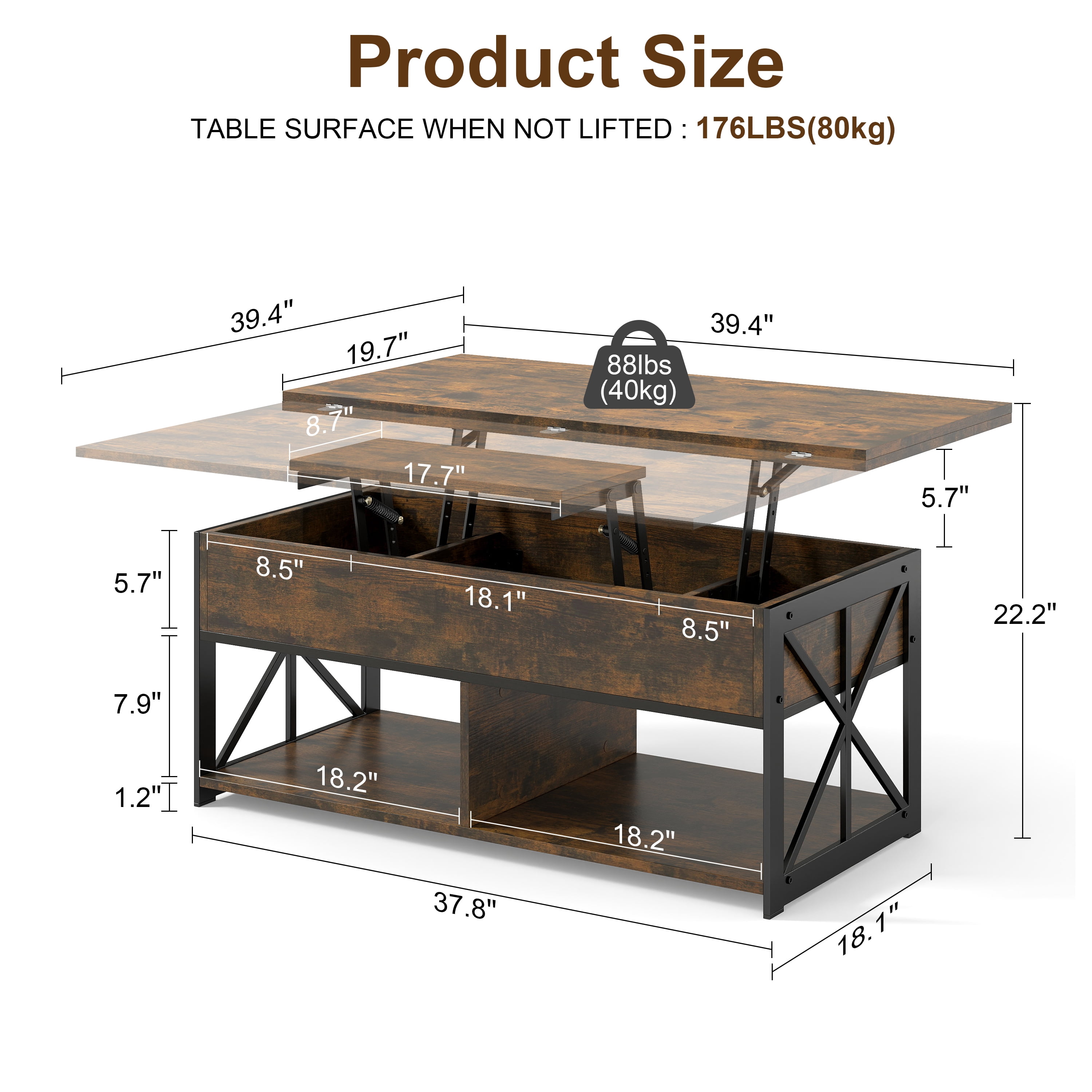 Manora Lift Top Coffee Table, Wooden Convertible Coffee Table with Storage for Living Room&Dining Room,Brown