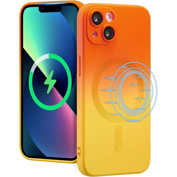 Magnetic Case for iPhone 15 6.1 inch, Luxury Gradient Neon Color Case Compatible with MagSafe Charger Cover with Camera Lens Protector Pretty Phone Case for Women and Girl - Orange Yellow