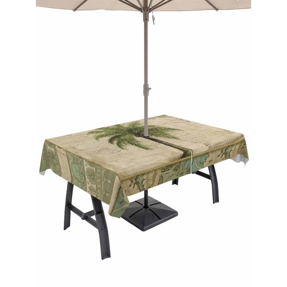 52x70 Inch Outdoor Tablecloth with Umbrella Hole Zipper Rectangle Vintage Palm Trees Rectangular Tablecloths Outside Waterproof Summer Botanical Retro Patio Table Cloth Cover for Picnic Party