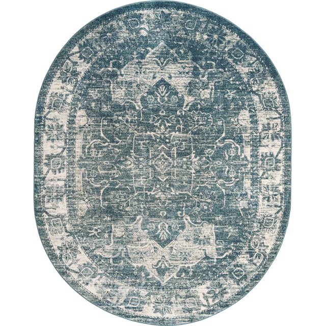 Unique Loom Isabella High-Low Pile Border Rug 7' 10 x 10' Oval Blue/Ivory