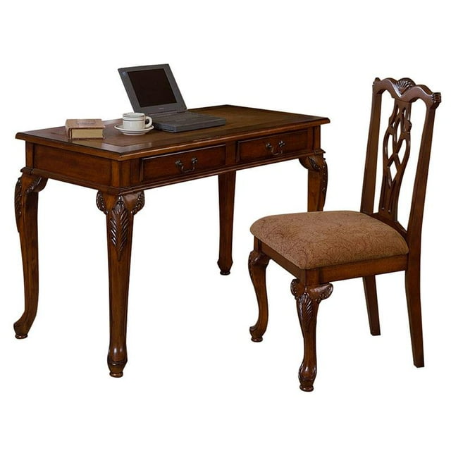 2-Piece Office and Home Desk Set with Table and Chair in Brown Wood