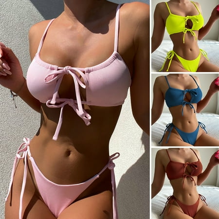 Pink Season 2Pcs/Set Bandeau Spaghetti Straps Backless Sexy Bikini Hollow Lace-up Bra High Waist Briefs Swimsuit Beachwear