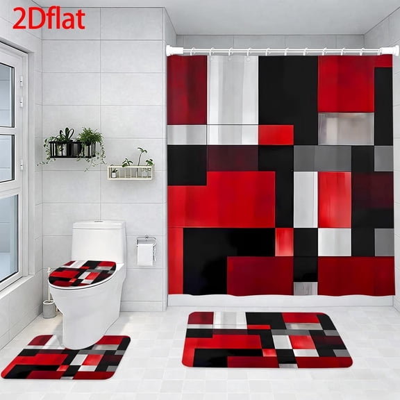 Red Black White Geometric Shower Curtain Set with 12 Hooks, Rugs & Accessories