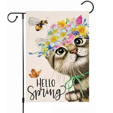 Hello Spring Garden Flag 12x18 Vertical Double Sided Burlap,Cat Flower Summer For Farmhouse Rustic Yard Outside Outdoor House Decoration