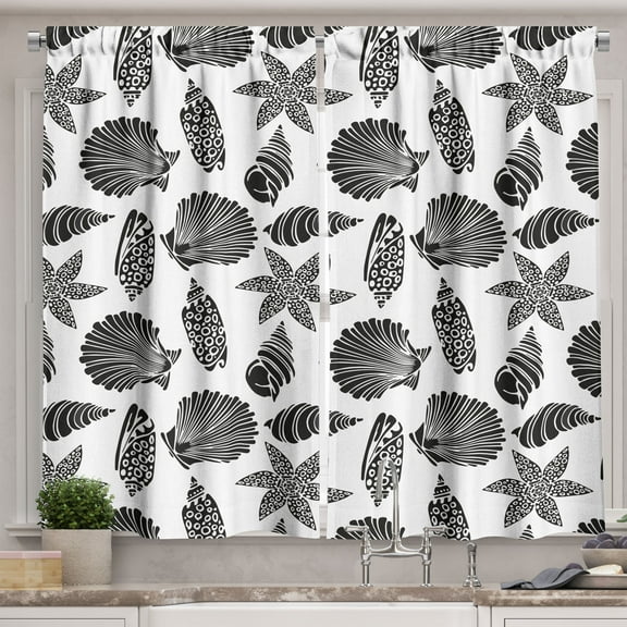 Ambesonne Underwater Kitchen Curtains, Monochrome Seashells, 55"x30", Charcoal Grey and White