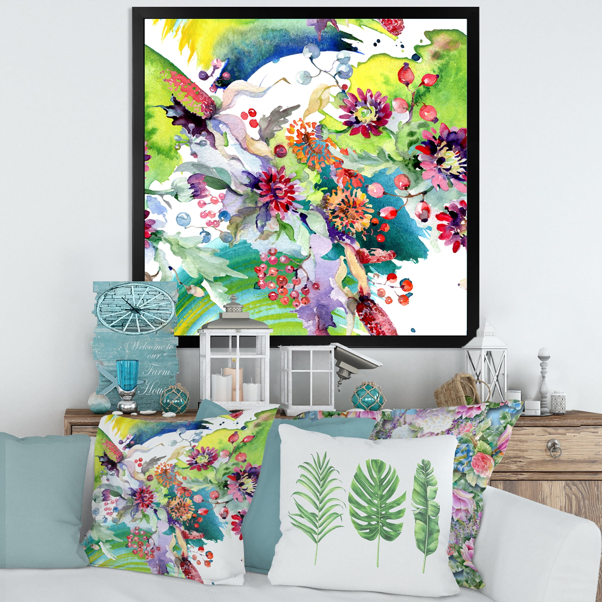 Wildflowers and Vibrant Wild Spring Leaves X 30 in x 30 in Framed Painting Canvas Art Print, by Designart