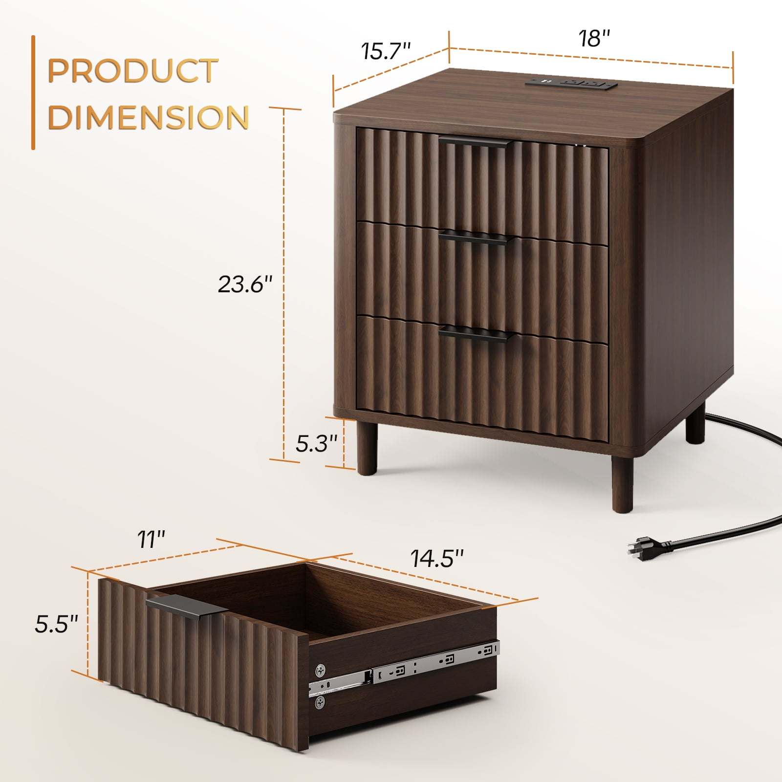 18" Wide Fluted Nightstand Set of 2 with Charging Station Modern Wood Bedside Table with 3 Drawers, Mid Century End Table for Bedroom Living Room Office, Walnut
