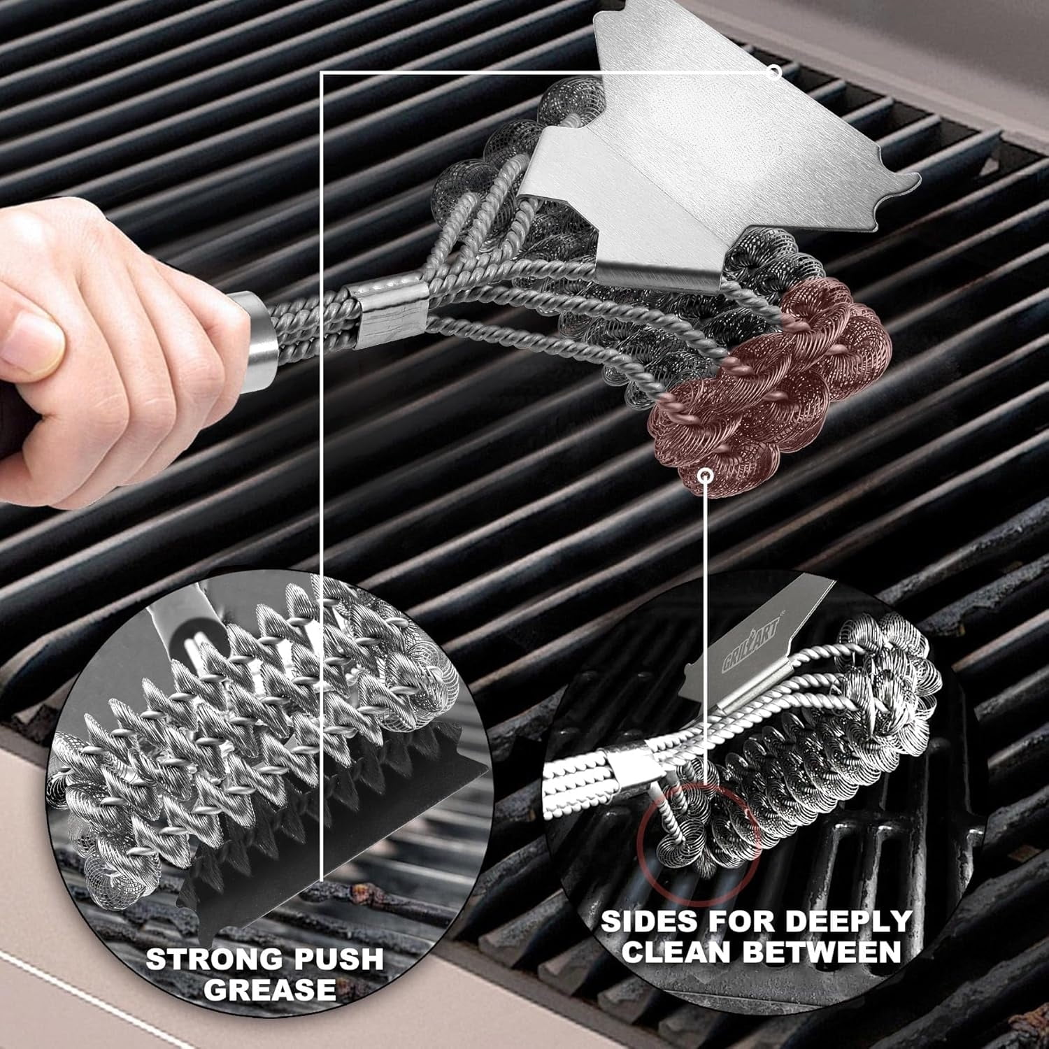 CUKIXA 3-Head Stainless Steel Grill Brush and Scraper, Bristle-Free BBQ Grill Cleaner Tool with 18" Handle, 6.1" Scraper for Porcelain, Weber Gas & Charcoal Grills (0.94lb)