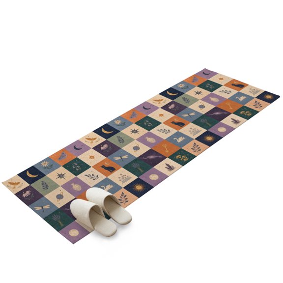 Colorful Patchwork Washable Area Rug 2 x 6 ft Mystical Cat Butterfly Bird Sunflower Moon Plaid Soft Non‑Slip Rugs Stain Repellent Indoor Mats for Long Hallway, Kitchen Runner, Corridor Laundry