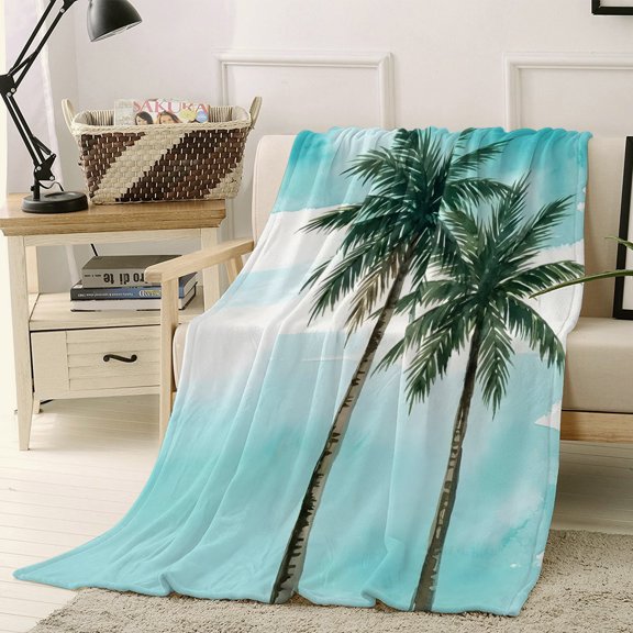 Throw Blanket Fleece Throw Blanket 30x40in, Minimalist Tropical Palm Trees Soft Lightweight Bed Blankets Cyan Background Fuzzy Couch Blankets for All Season
