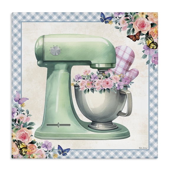 Stupell Industries Kitchen Mixer with Flowers Food & Beverage Painting Wrapped Canvas Art Print Wall Art, 17 x 17