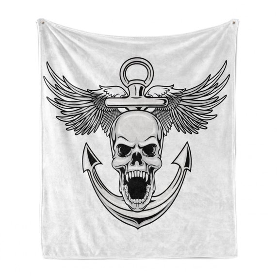 Anchor Soft Flannel Fleece Throw Blanket, Skull with Anchor and Eagle Wings Freedom Devil Sea Hunter Skeleton Myth Graphic, Cozy Plush for Indoor and Outdoor Use, 60" x 80", Grey White, by Ambesonne