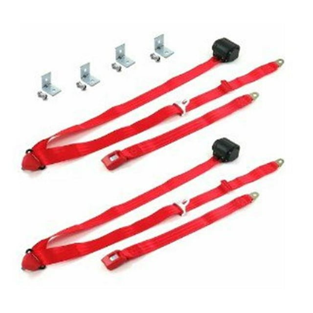 Standard 3 Point Red Retractable Bucket Seat Belt Kit with Bracketry & 2 Belts for 1968-1974 Volkswagen Type 4