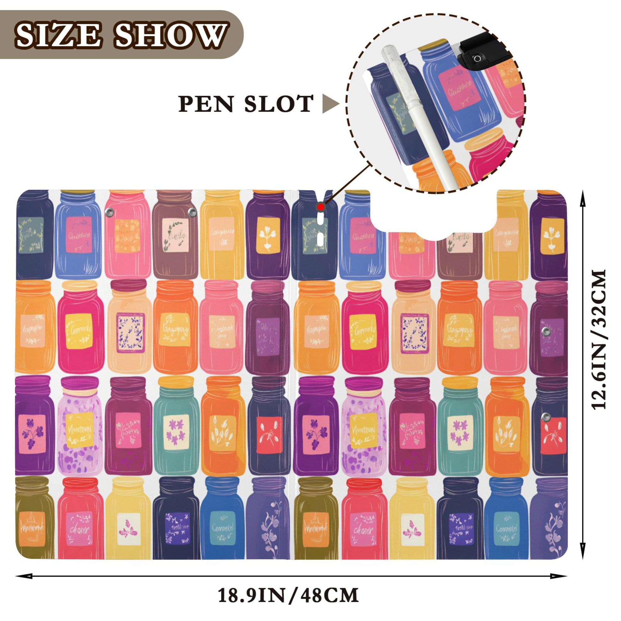 FORMRS A4 Clipboard Folder with Pen Holder Horizontal Foldable School Office Binder, Colorful Jars