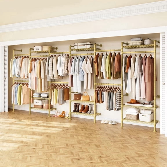 Industrial Pipe Cloth Rack, H6 Wall Mounted Closet System w/6 Telescopic Rods, Heavy Duty Closet Organizers and Storage in Wardrobe Closet w/3 Fixing Rods, 9 Shelves