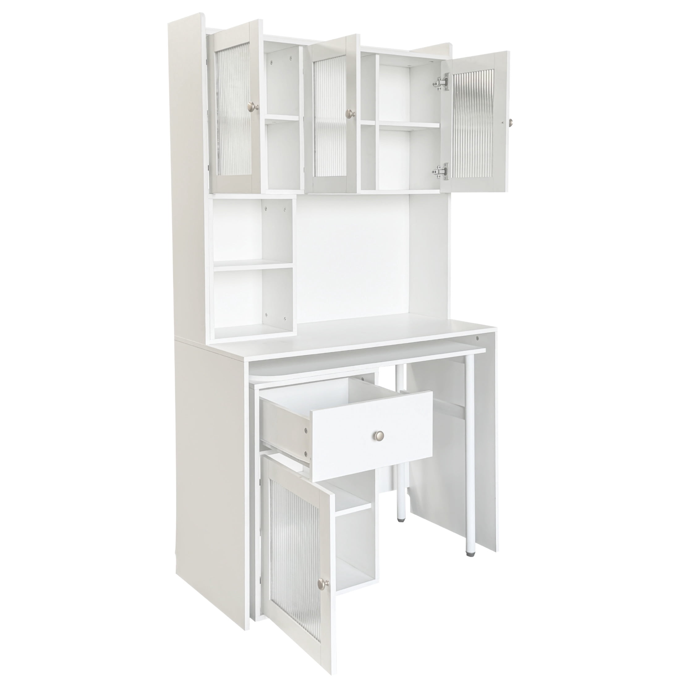 Noble House 70.87" Computer Desk with Hutch, Glass-Door Cabinets, 90° Rotating Desktop, Bookshelf & Drawer, White