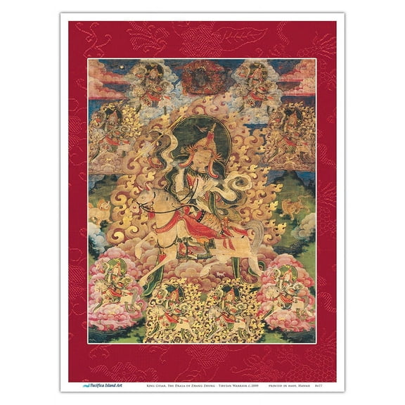 King Gesar The Drala of Zhang Zhung - Tibetan Warrior - Vintage Tibetan Thangka Buddhist Painting c.1800s - Master Art Print (Unframed) 9in x 12in