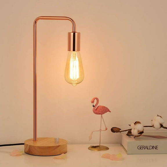 Rose Gold Industrial Nightstand Lamp with Wooden Base, Metal