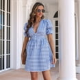thumbnail image 4 of Vestido Midi con Estampado de Cuadros Retro para Mujer, Cuello en V, Corta, Volantes, Informal, Abotonado Azul L, 4 of 9