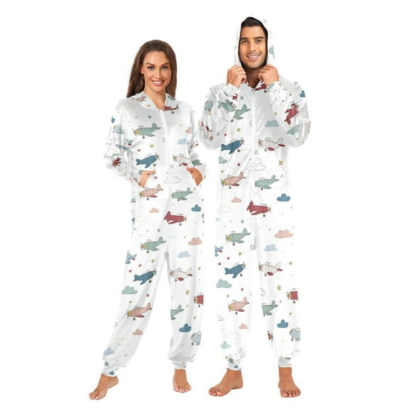 Adult Christmas Onesie Cute Airplane and Clouds Adult Zipper One-Piece Pajamas Unisex Pajamas with Pockets