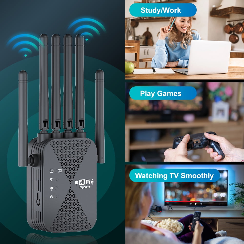Ourlife 6 external antenna Network, 2026 WiFi Extender Wireless Dual-Band WiFi Repeater 1200Mbps, Signal Amplifier Extender Router Long Distance, Black.