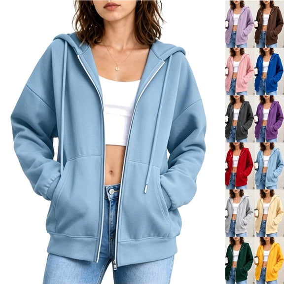 Smsaxvxz 2026 Zip Up Hoodies for Women Fall Winter Casual Sweatshirts Zipper Lightweight Jackets with Pockets Light Blue M