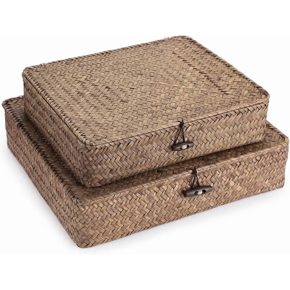 Set of 2 Flat Woven Wicker Storage Bins with Lid Natural Seagrass Basket Multipurpose Home Boxes for Shelf Organizer (Coffee)