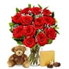 From You Flowers - One Dozen Red Roses with Chocolates & Teddy Bear with Glass Vase (Fresh Flowers) Birthday, Anniversary, Get Well, Sympathy, Congratulations, Thank You