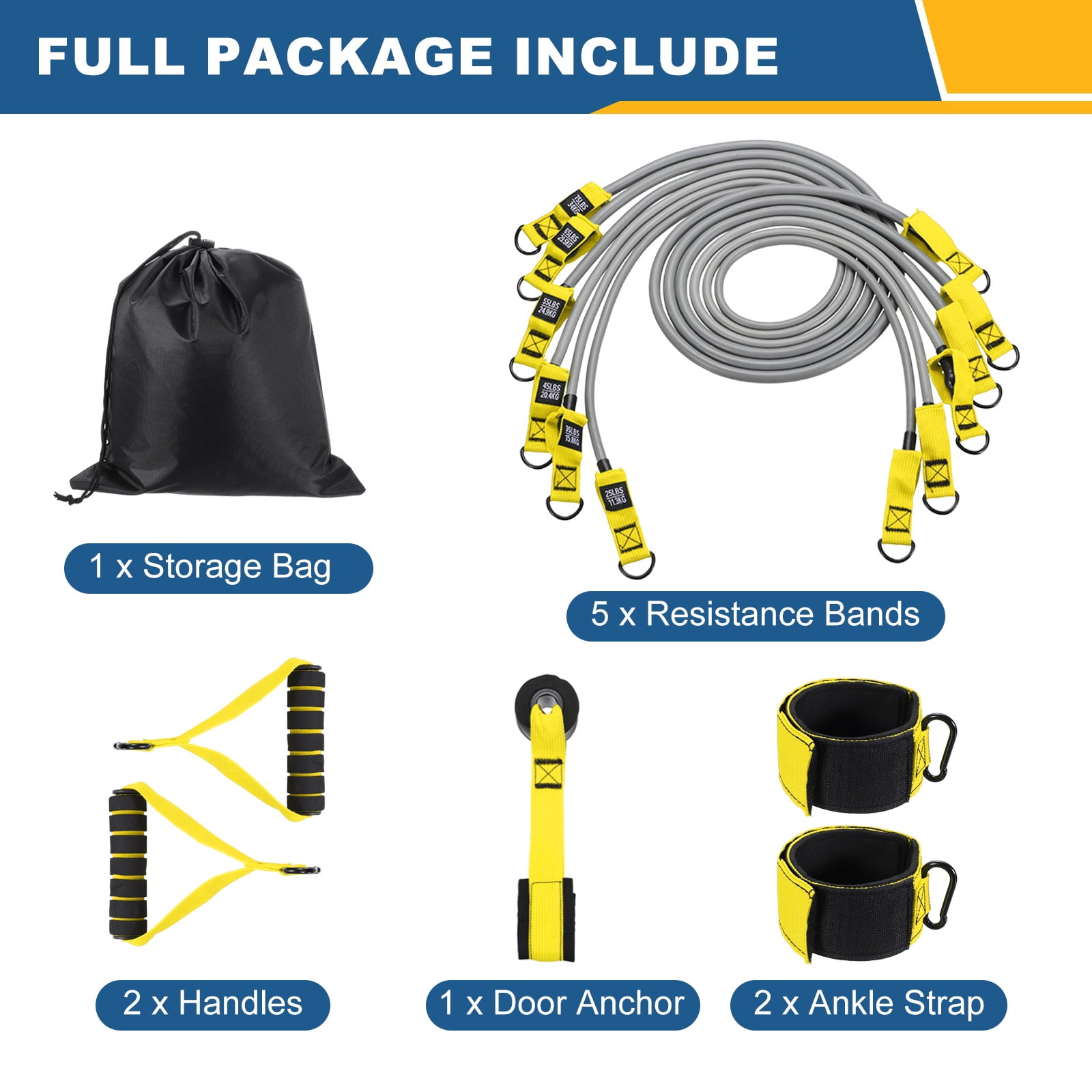Uxcell Resistance Bands Set, 6 Level Exercise Bands for Working Out with Door Anchor/Handle/Ankle Strap/Pouch, 300LB & Yellow & Grey- Fitting For(Women & Men Home/Gym Train/Yoga)