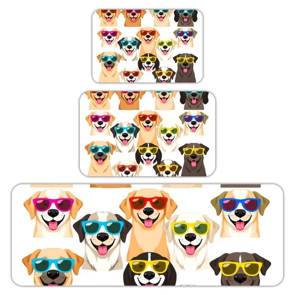 RKSupls Kitchen Rug Set 3 Piece Anti-Slip Flannel Floor Mats, Dogs Sunglasses Pattern Washable Absorbent Runner Mats for Kitchen Bathroom Home Decor
