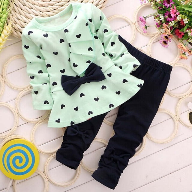 Vêtements d'Hiver pour Filles Robe à Nœud Hauts Leggings Enfants Col Rond Cœur Ensembles de Sport Bébé Tenue Décontractée